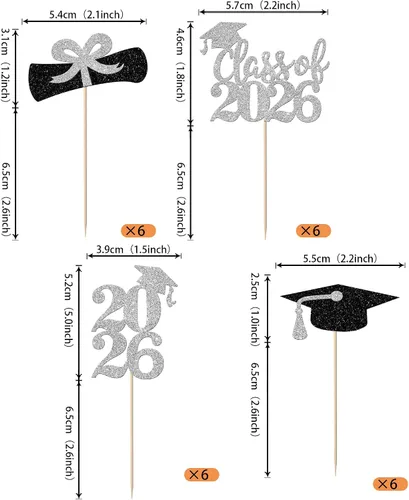 Vista 2 de Paquete de 24 adornos para cupcakes de clase de 2026 con purpurina 2026 para diploma de graduación 2026, selecciones para cupcakes para graduación