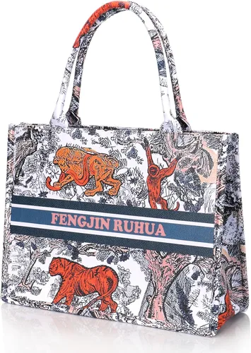 Vista 3 de FENGJINRUHUA Bolso de mano pintado de lujo grande de moda para mujer, bolsos de hombro de cuero, bordado de capacidad, bolso retro exquisito