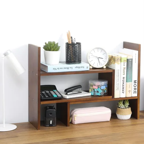 Vista 2 de Estante mostrador, organizador de almacenamiento de escritorio, ajustable y de madera. Estante para libros a ubicar en la parte superior