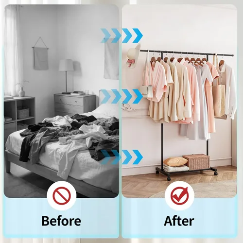Vista 9 de SUOERNUO Perchero con ruedas para colgar ropa, perchero de metal portátil para dormitorio, lavandería, sala de estar