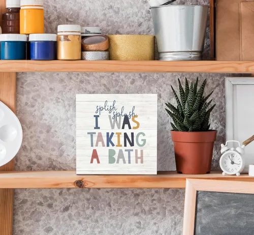 Vista 3 de SRADMO Caja de madera con texto en inglés "Splish Splash I Was Taking a Bath" para decoración de escritorio, divertida caja de bloques de madera