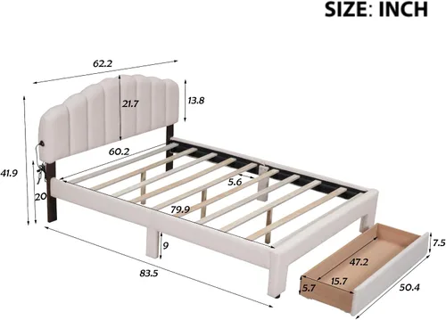 Vista 2 de Cama de plataforma tapizada tamaño Queen con un cajón de almacenamiento, base de cama LED inteligente multifuncional con cabecera de forro polar