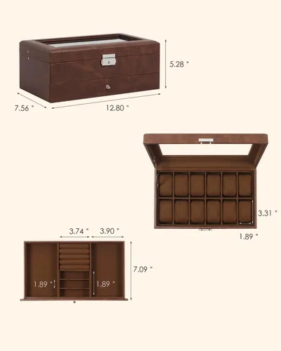 Vista 6 de GUKA Caja de reloj, caja de reloj con 12 ranuras, fundas de reloj para hombres con tapa de cristal real, organizador de reloj de cuero sintético