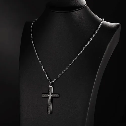 Vista 3 de Collar de cruz para hombre, colgante de acero inoxidable 316L, color blanco, dorado, negro, azul, caja de regalo incluida