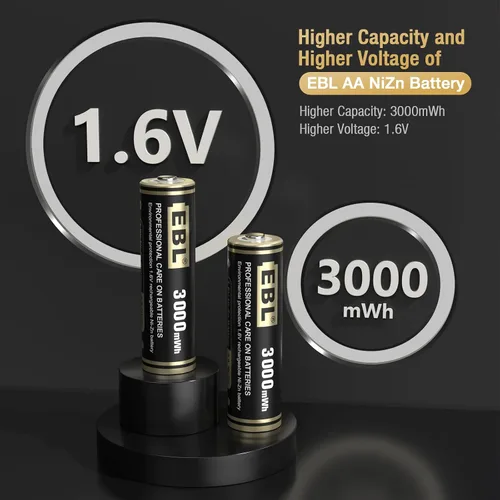 Vista 4 de EBL Paquete de 8 baterías AA recargables Ni-Zn de 3000 mWh con cargador de batería Ni-Zn de 8 bahías, batería doble A de 1.6 V de alto rendimiento
