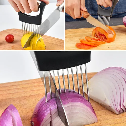 Vista 6 de Soporte de cebolla de acero inoxidable para cortar cebolla herramienta de corte con 10 puntas de corte de utensilios de cocina