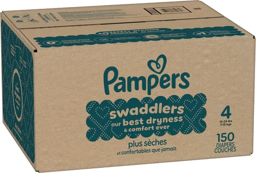 Vista 16 de Pampers Pañales Swaddlers, talla 4 (15-34 libras), 150 unidades, sin fragancia, hipoalergénicos, absorbentes, recomendados por pediatras, seguros
