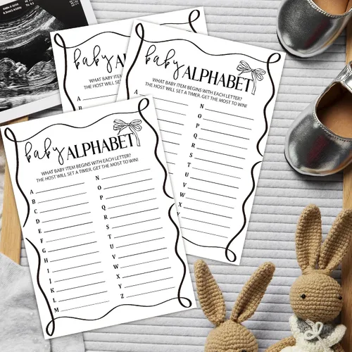 Vista 3 de Juegos del alfabeto del bebé, tarjetas divertidas de juegos de baby shower, 25 tarjetas de género neutro, kit de suministros para fiesta