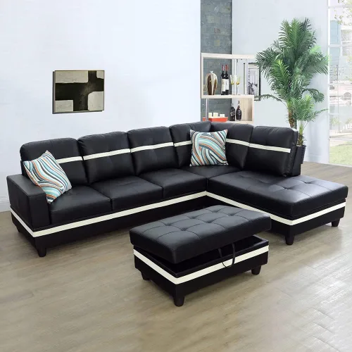 Vista 14 de Juego de sofá seccional de cuero para sala de estar, juego de 3 piezas con almacenamiento otomano negro para sala de estar/dormitorio/apartamento