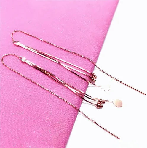 Vista 3 de SAGEKING 2024 New 585 Purple Gold Plated 14K Rose Gold New In Soft Chain Tassel Round Bead Earrings For Women Classic Water Drop Ear Line Jewelry