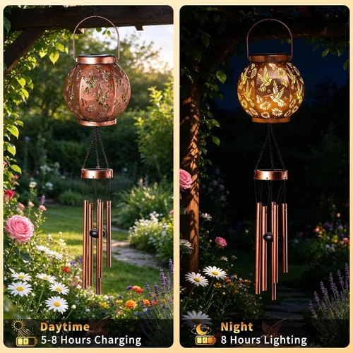 Vista 7 de Carillón de viento solar de colibríes con farol de regalo para mujer Luz de carillón de colibríes
