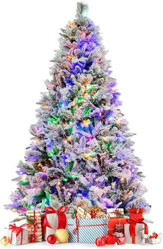 Vista 18 de HAPPYGRILL - Árbol de Navidad artificial preiluminado de 2.1 m, árbol de Navidad con nieve flocada y 320 luces LED multicolor, 8 modos de Snow Pe