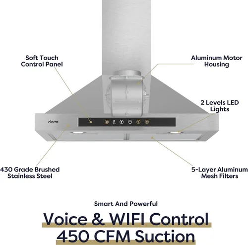 Vista 2 de CIARRA Campana extractora inteligente de 30 pulgadas con control de voz, compatible con Alexa/Google Home/Smart Life Assistant, campana de Acero