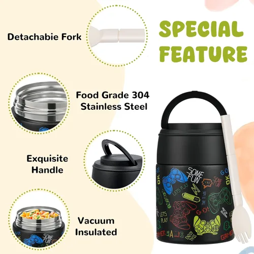 Vista 4 de Termo de sopa de 10 onzas para comida caliente para niños, recipiente de comida aislado con cuchara y boca ancha, acero inoxidable, a prueba