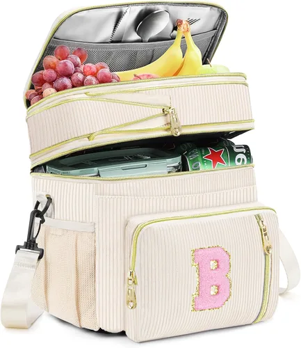 Vista 10 de Lonchera personalizada con inicial para mujer, bolsa de almuerzo grande con aislamiento térmico expandible de doble cubierta con correa