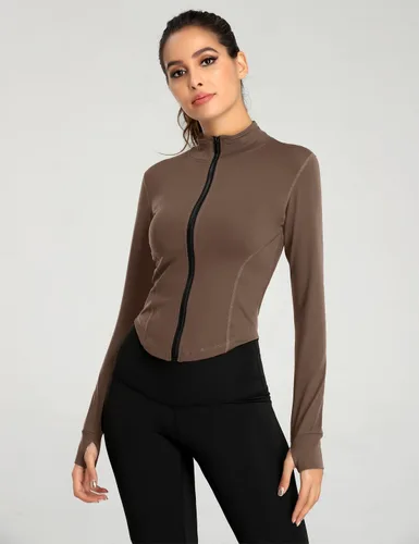 Vista 2 de Gacaky Chaqueta atlética para mujer, ligera, con cremallera completa, para yoga, recortada, para entrenamiento, ajustada, con agujeros para el pulgar
