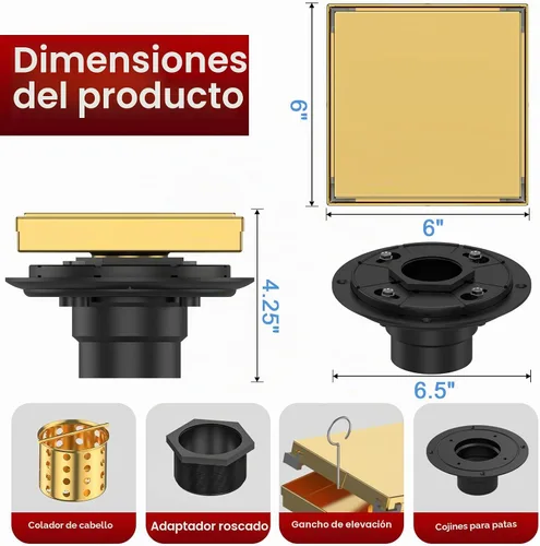 Vista 4 de DLONE® Drenaje de ducha 6 pulgadas oro cepillado con panel de inserción