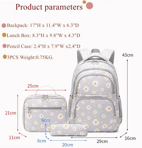 Vista 2 de Mochila con estampado de margaritas para niñas de secundaria y primaria, juego de mochila con lonchera (negro)