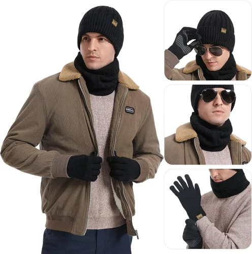 Vista 5 de Beanie Hat and Touchscreen Gloves with Winter Scarf 3PCS Set for Men Women Negro