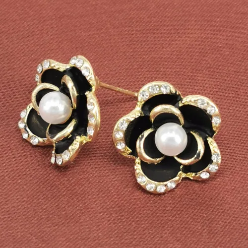 Vista 6 de Aretes de perlas con diamantes de imitación de rosas para mujeres, niñas, Metal, Diamante de imitación