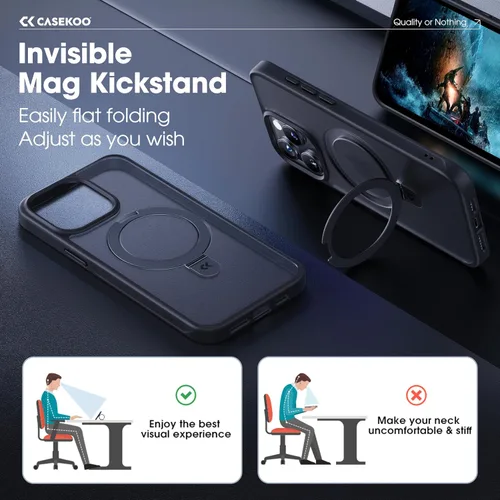 Vista 3 de CASEKOO- Funda para iPhone 15 Pro, c/soporte magnético invisible [protecc. militar contra caídas] [compatible c/MagSafe], a prueba de impactos, Negro