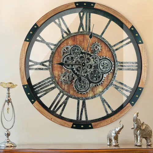 Vista 10 de Reloj de Pared de 24 Pulgadas con Engranajes en Movimiento, Relojes de Pared Grandes, Reloj para Decoración de Sala de Estar, Marco de Madera