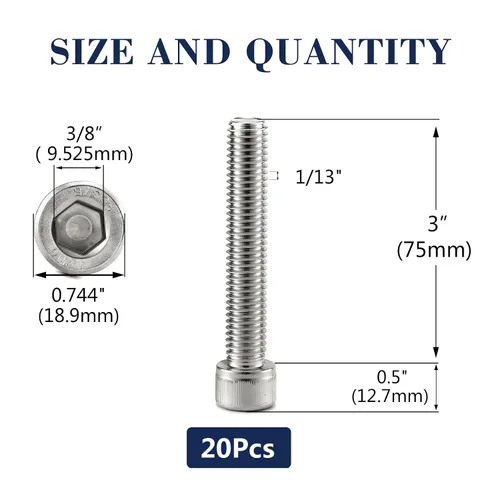 Vista 2 de Tornillos de cabeza hueca de 1/2-13 x 3, 20 piezas, acero inoxidable 304 18-8, llave Allen hexagonal, rosca completa, acabado brillante de SG TZH