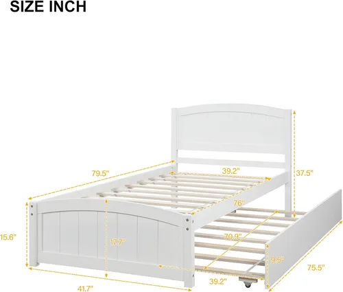 Vista 2 de Harper & Bright Designs Marco de cama individual, plataforma de madera con nido, cabecero, estribo y soporte de listones de madera (blanco)
