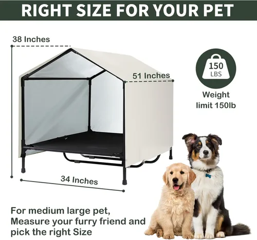 Vista 4 de Casa para perros para interiores y exteriores, para perros grandes, XL, XXL, jumbo, cama elevada para perros con toldo, impermeable y resistente al