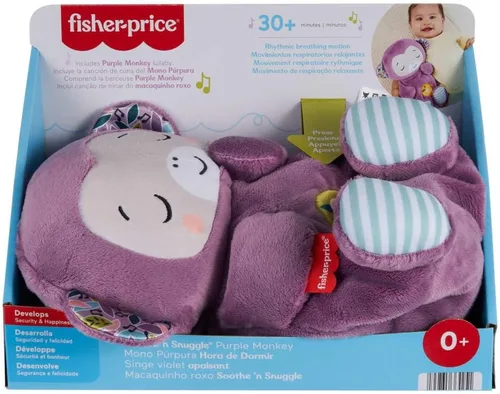 Vista 6 de Fisher-Price Juguetes para bebés Soothe ‘n Snuggle Mono púrpura de peluche máquina de sonido portátil con movimiento de respiración y luces
