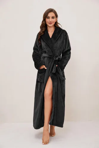 Vista 2 de HEARTNICE - Bata larga de forro polar para mujer, batas suaves y esponjosas para mujer, batas de baño cálidas, abrigo cómodo para el hogar de Negro