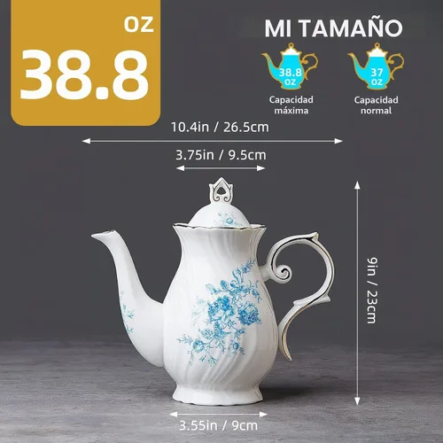Vista 2 de Tetera de cerámica Agyiuns, tetera de porcelana con tapa, 38.8 Oz para té, leche, café, té de flores (Azul)