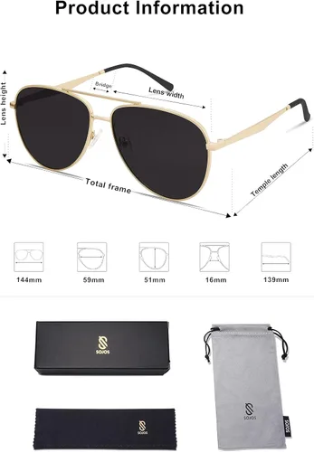 Vista 5 de SOJOS Gafas de sol polarizadas estilo aviador retro de gran tamaño para mujeres y hombres, gafas de sol clásicas grandes de metal SJ1207A