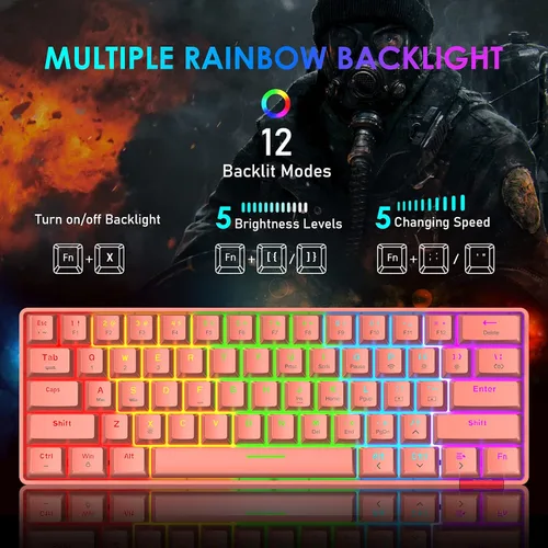 Vista 4 de Teclado mecánico inalámbrico 60% de modo dual BT5.0USB-C para juegos con retroiluminación arco iris, compacto, 61 teclas, ergonómico, recargable