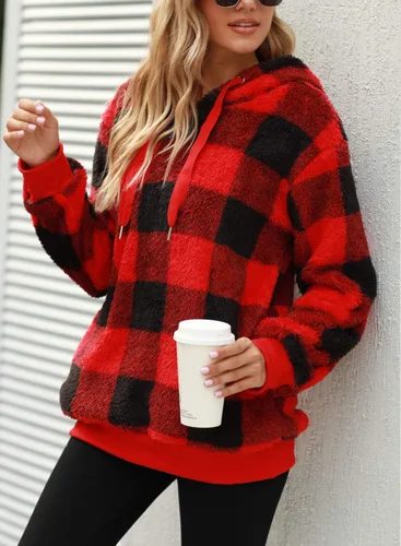 Vista 6 de Nirovien - Sudadera con capucha para mujer, sherpa, sin botones, de gran tamaño, mullida, de vellón doble, abrigada, suave, a cuadros