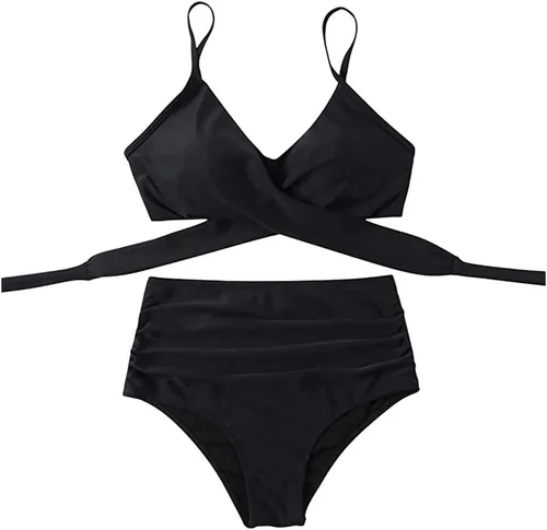 Vista 2 de Womens Swimsuits Two Piece High Waisted Tummy Control Bathing Suits Color Block Criss Cross Wrap Front Bikini Sets
