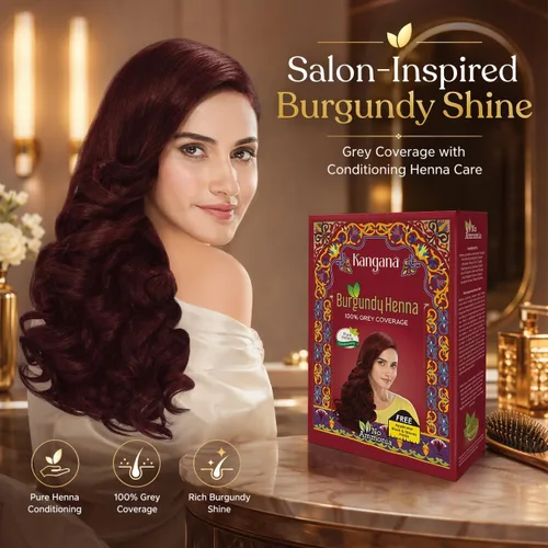 Vista 4 de Kangana Polvo de henna burdeos para una cobertura del 100% de las canas, polvo de henna natural para teñir el cabello, 5 bolsas