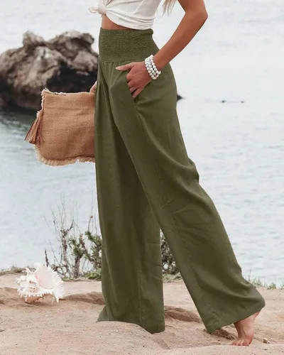 Vista 4 de Pantalones de lino de primavera para mujer, pantalones casuales palazzo, cintura alta, bohemios, piernas anchas, holgados, con bolsillo