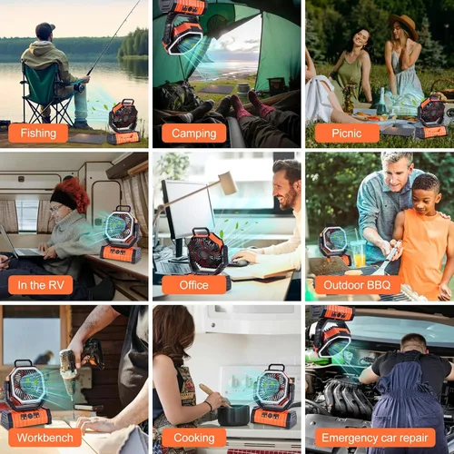 Vista 9 de Ventilador solar de campamento de 20000 mAh con panel solar de 10 W, banco de energía solar recargable para exteriores, linterna LED, ventilador