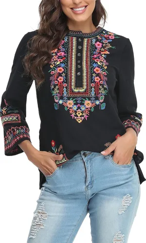 Vista 4 de YZXDORWJ Camisa bordada mexicana para mujer