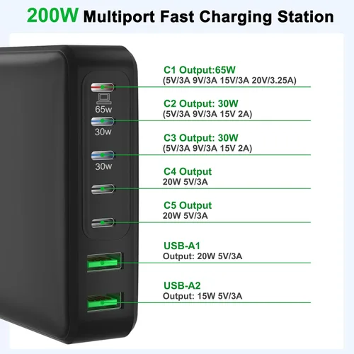 Vista 2 de Cargador USB C, estación de carga rápida USB C de 200 W y 7 puertos, cargador de laptop de 65 W compatible con MacBook Pro/Air, iPad, iPhone