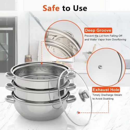 Vista 5 de Ollas de vapor de acero inoxidable de 3 niveles con tapa, vaporizador de alimentos para cocinar verduras, mariscos, sopas, guisos y pasta, albóndigas