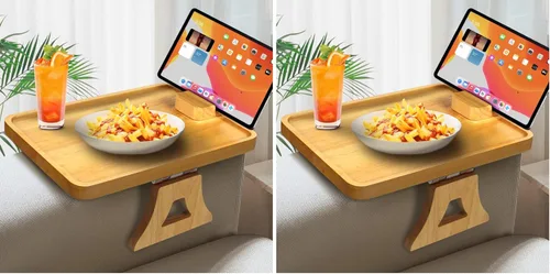 Vista 9 de Bandeja de sofá para sofá ancho, brazo de sofá con clip de 15 x 9.8 pulgadas con soporte giratorio de 360°, espacio de ensanchamiento de mesa