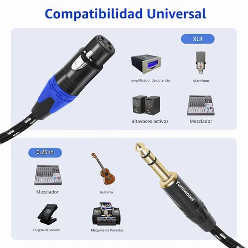 Vista 2 de Cable XLR de 1/4 de pulgada a XLR, trenzado de nailon resistente, enchufe chapado en oro, cable de conexión TRS equilibrado de 1/4 pulgadas a XLR