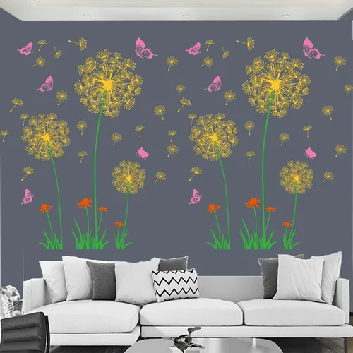 Vista 9 de Calcomanías creativas de pared de flor de diente de león, mariposa voladora, decoración del hogar para sala de estar, dormitorio, decoración