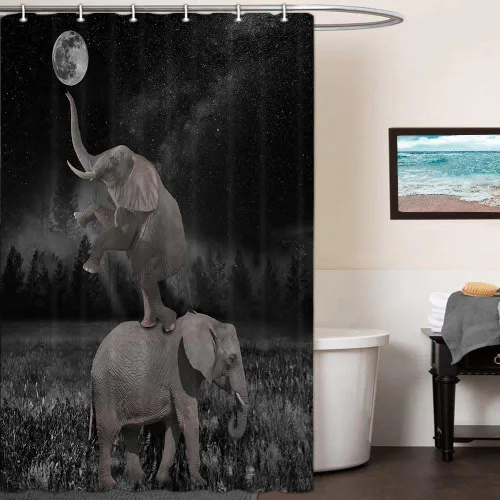 Vista 4 de Boziqr Divertidas cortinas de ducha para baño, bonita cortina de baño de elefante, luna, bosque, decoración rústica de granja, tela de poliéster
