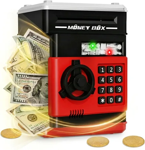 Vista 8 de Refasy Alcancía para dinero en efectivo, cajero automático, banco electrónico de monedas para niños de 3 a 12 años, caja de ahorro de dinero, mini