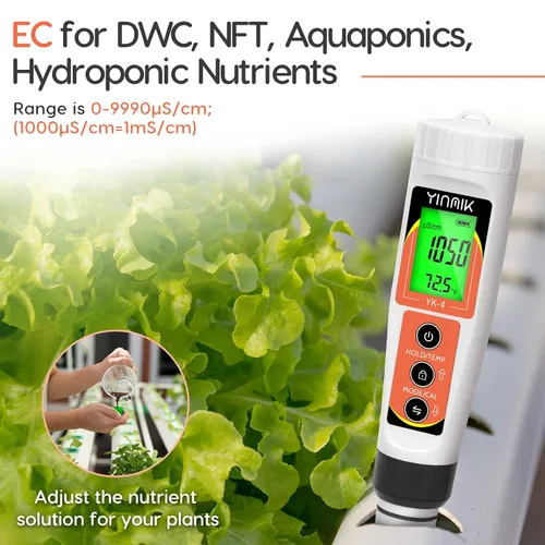 Vista 4 de Yinmik Medidor de pH, medidor digital 4 en 1 de pH EC TDS Temp para agua hidropónica, probador de agua impermeable DWC de pH y EC PPM