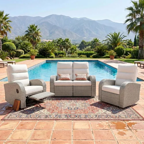 Vista 26 de LayinSun Sillón reclinable giratorio de mimbre de gran tamaño con respaldo ajustable y reposapiés, sillón reclinable para patio Gris