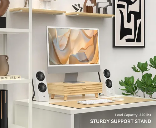 Vista 3 de Soporte de bambú para monitor con cajón, organizador de escritorio con organización y almacenamiento de cables, elevador ergonómico para laptop